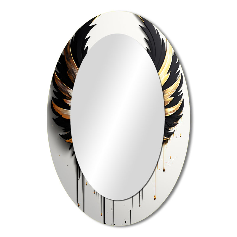 Miroir mural ovale en argent noir et or avec ailes d'ange III, 36 po x 24 po