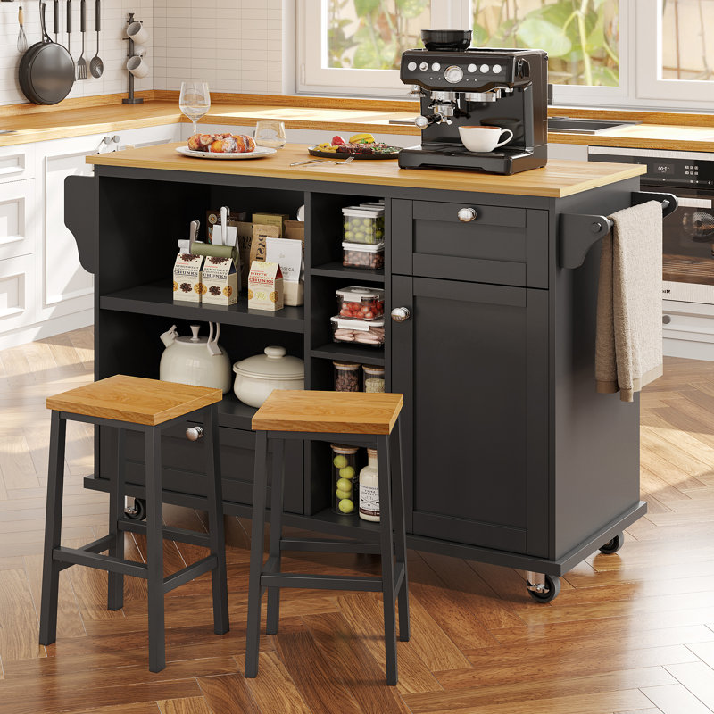Asberry Wood Kitchen Island, Black