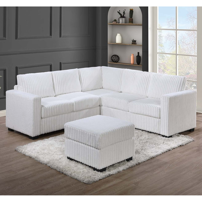 Canapé modulaire en velours côtelé 4 pièces avec repose-pieds, Velours côtelé lait