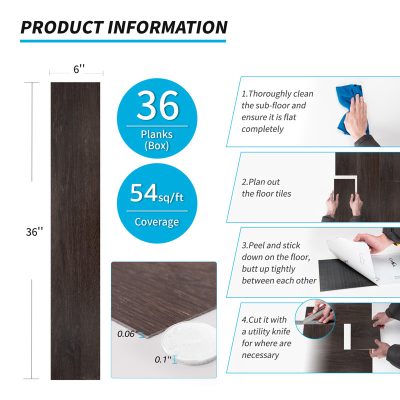 6" W x 36" L Peel and Stick Luxury Vinyl Plank,Self-adhesive Vinyl Flooring (Set of 36), Dark Brown