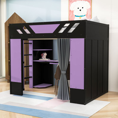 Full Wooden Loft Bed with Blackout Curtains, Desk, Shelves, Lights and USB Port