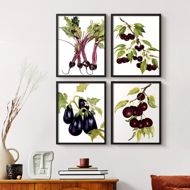 «Watercolor Beets», reproduction encadrée - ensemble de 4, Noir, H 44 po x l 14 po