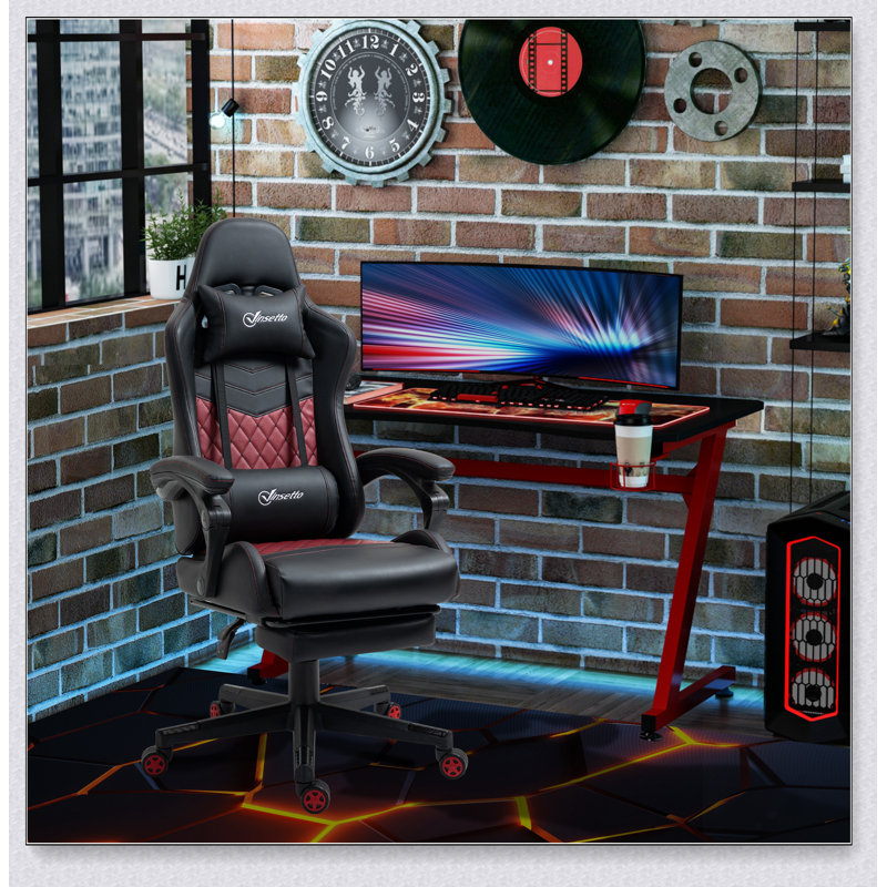 Fauteuil de jeu en cuir polyuréthane de bureau de course à dossier haut avec repose-pieds pivotant et support lombaire, hauteur réglable, noir