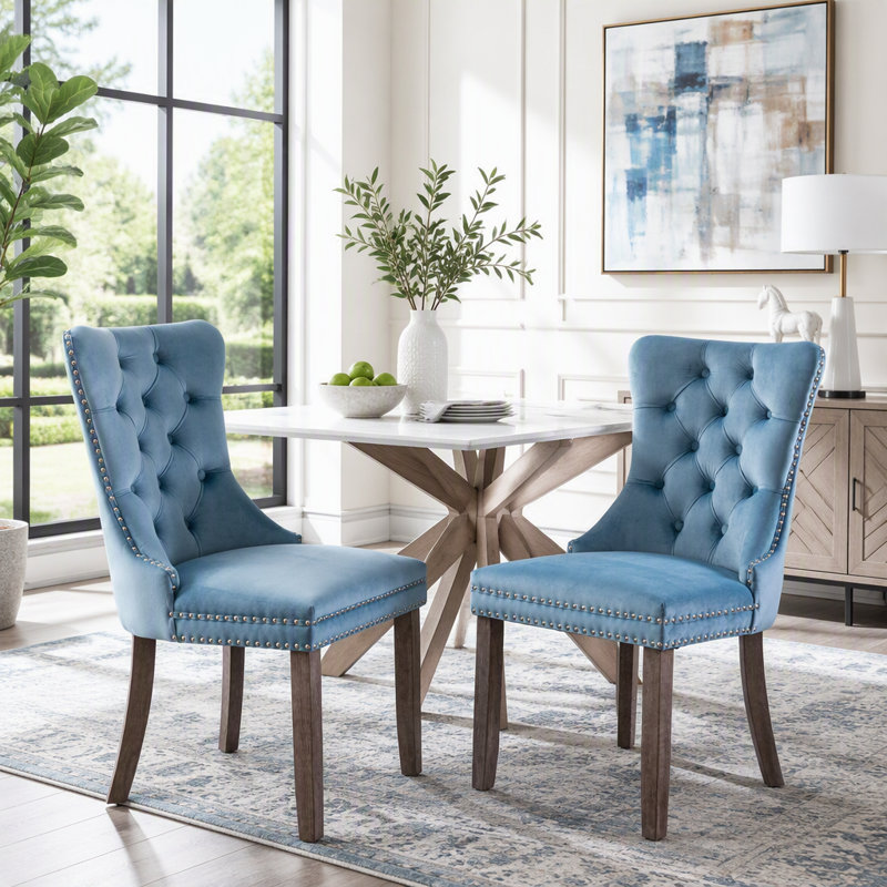 Chaise de salle à manger moderne en bois massif, Bleu clair