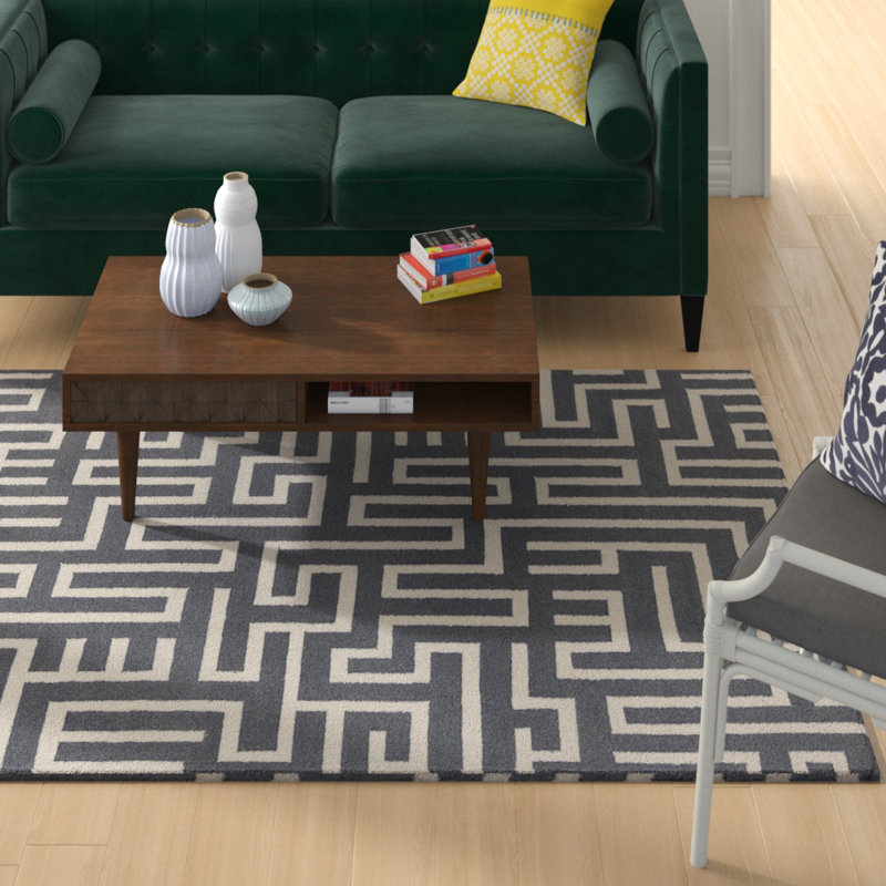 Tapis géométrique en laine tissé à la main gris et blanc Zuniga, 5 pi x 7 pi
