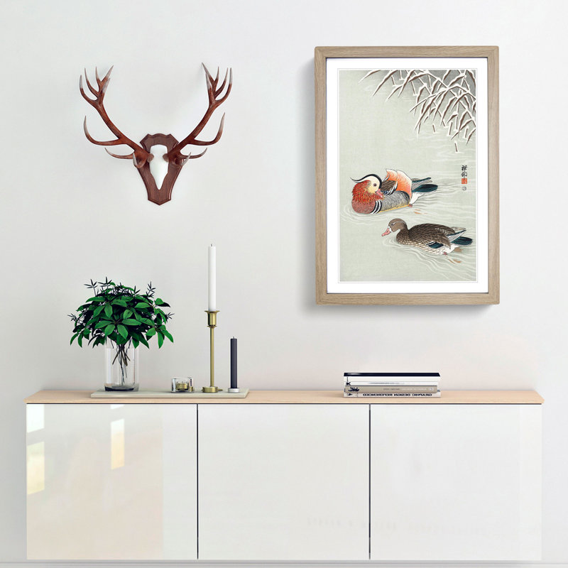 Mandarin Ducks by Ohara Koson - Picture Frame Painting Print, 50cm H x 35cm W x 2cm D, Oak