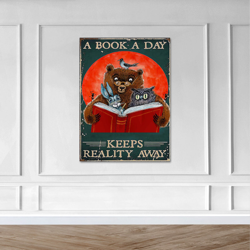 Animaux lisant ensemble - A Book A Day Keeps Reality Away - Reproduction d'art graphique rectangulaire sur toile tendue 1 pièce