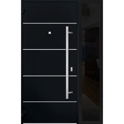 Façade avant en acier pré-suspendue / deux portes en acier émaillé noir 6083 / fenêtre latérale latérale / insert en acier inoxydable entrée métal peint moderne l 36 po x H 80 po à droite
