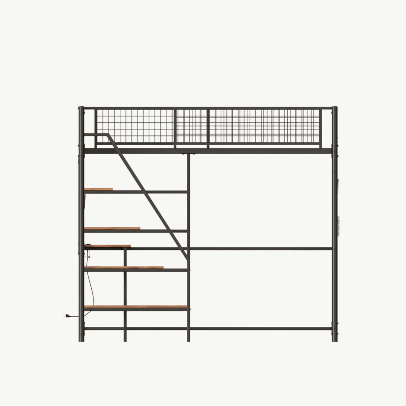 D Lit mezzanine en métal avec pour chambre à coucher et dortoir, avec station de charge intégrée et éclairage DEL, Noir