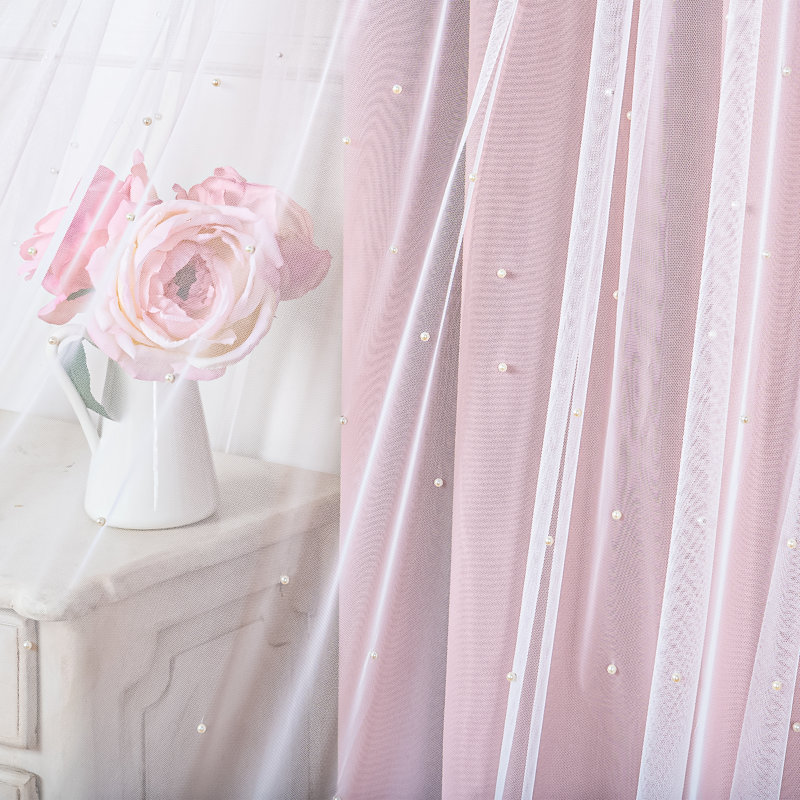 Pearl Beaded Tulle Overlay Room Darkening Grommet Curtains (Set Of 2), Dusty Pink, 52" W x 96" L 