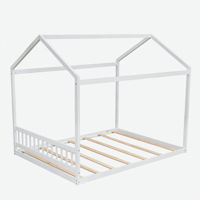 Grand lit maison en bois avec tête de lit, blanc