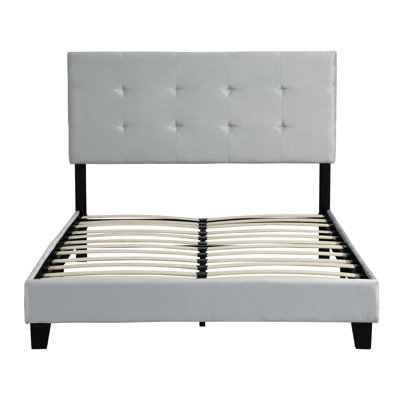 Queen Size Upholstered Platform Bed Frame In Grey, Headboard, Stable Wood Slat Support, Mattress Foundation, Easy Assembly, No Box Spring Grey With Pull Point Strong To Assemble,
