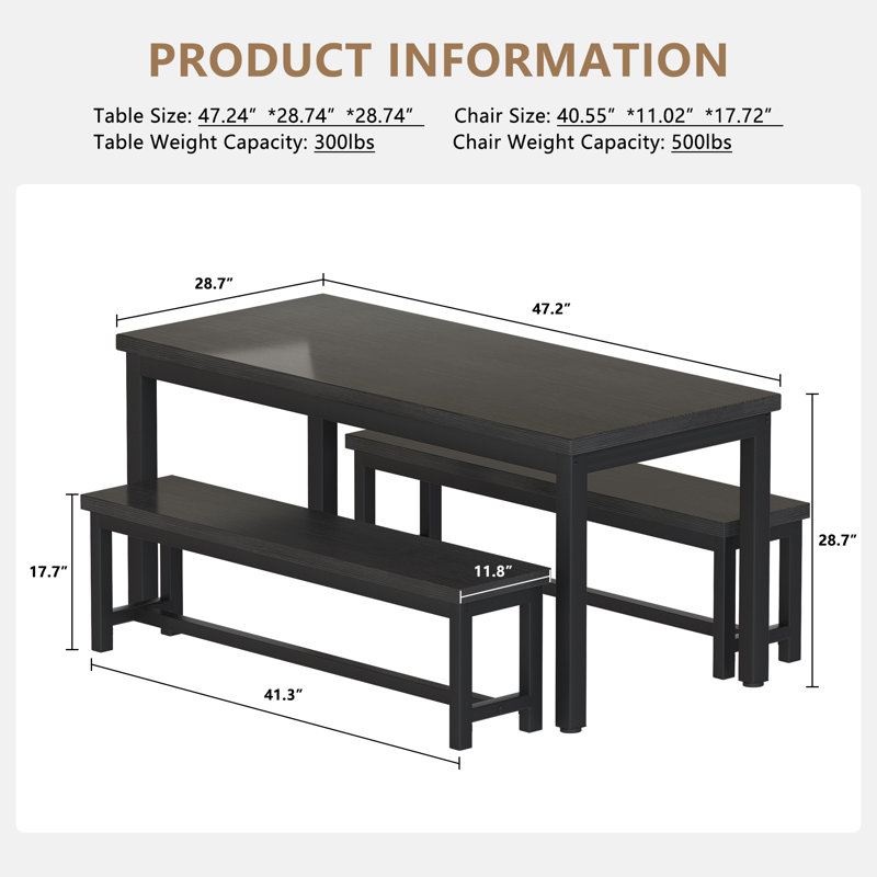 Ensemble de table de salle à manger pour 4 personnes, ensemble de table de cuisine avec 2 bancs de salle à manger, ensemble de table de salle à manger rectangulaire 3 pièces pour 4 personnes, mobilier de cuisine peu encombrant pour coin-repas, apparte