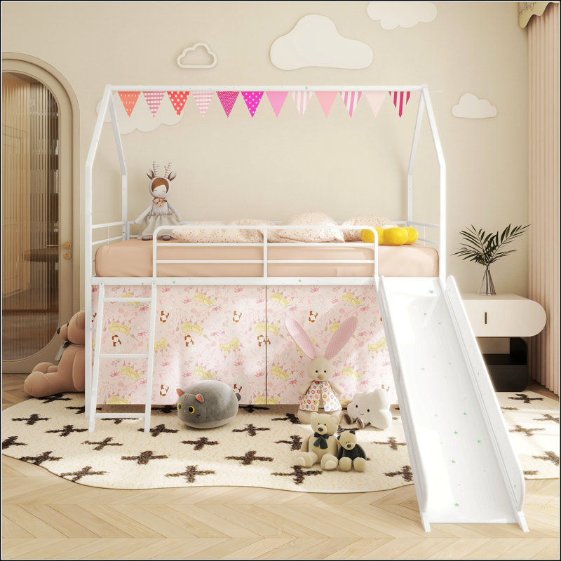 Twin Loft Bed With Slide And Curtain Set, White/Pink