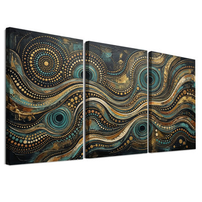 Ensemble de 3 toiles murales à motifs abstraits à pois turquoise et or