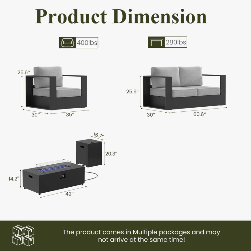 Modern Outdoor Aluminum 4-piece Conversation Set With Firepit Table, Gray Cushion/Black Frame