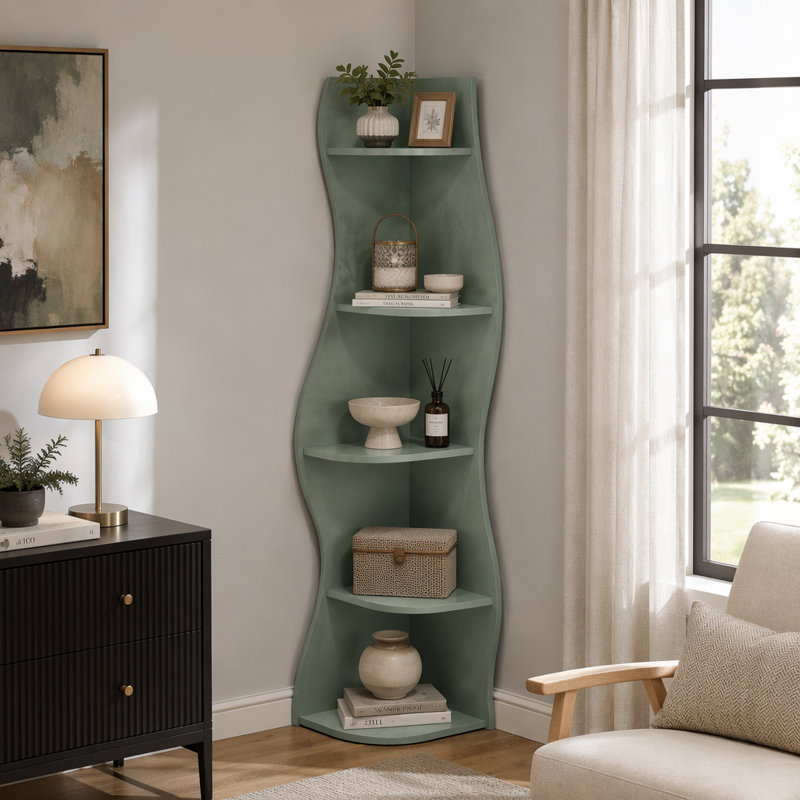 Présentoir de coin courbé autoportant à 5 niveaux en forme de S, rangement compact pour les livres et les plantes dans le salon, la chambre à coucher, la salle de bain et le bureau à domicile