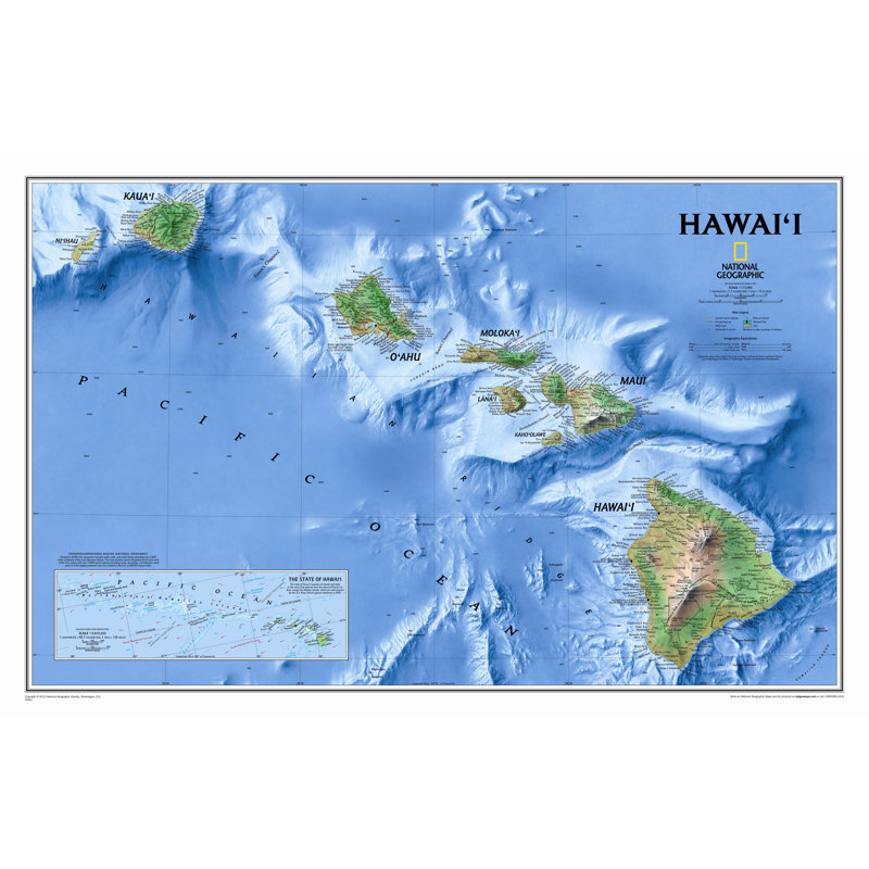 Carte murale de l'État d'Hawaï, Stratifié (23 po x 35 po)