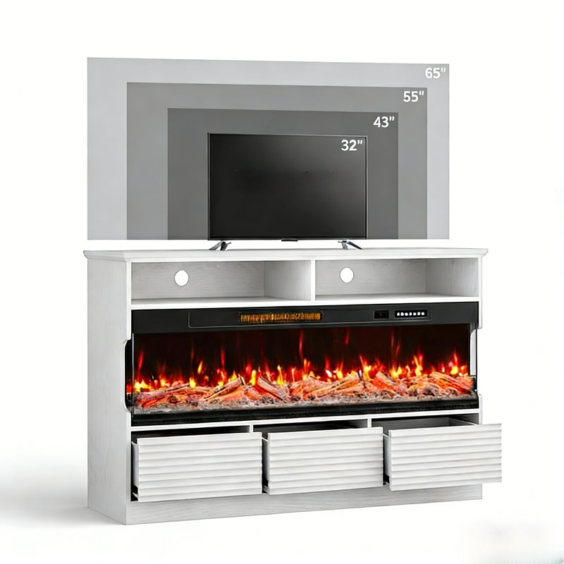 50" Fluted Fireplace TV Stand with 3 Drawers, Modern Media Console, White
