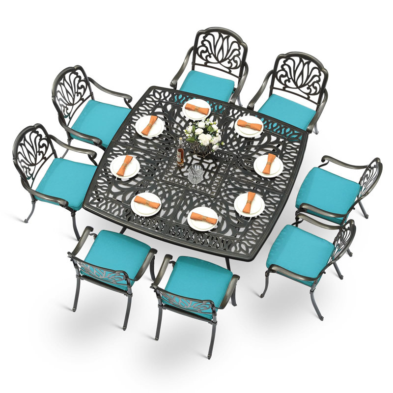 9-Piece Outdoor Furniture Dining Set For 8, All Weather Cast Aluminum Patio Dining Set- Large 64" Square Table With Umbrella Hole And 8 Cushioned Chairs, Patio Table And Chairs Set