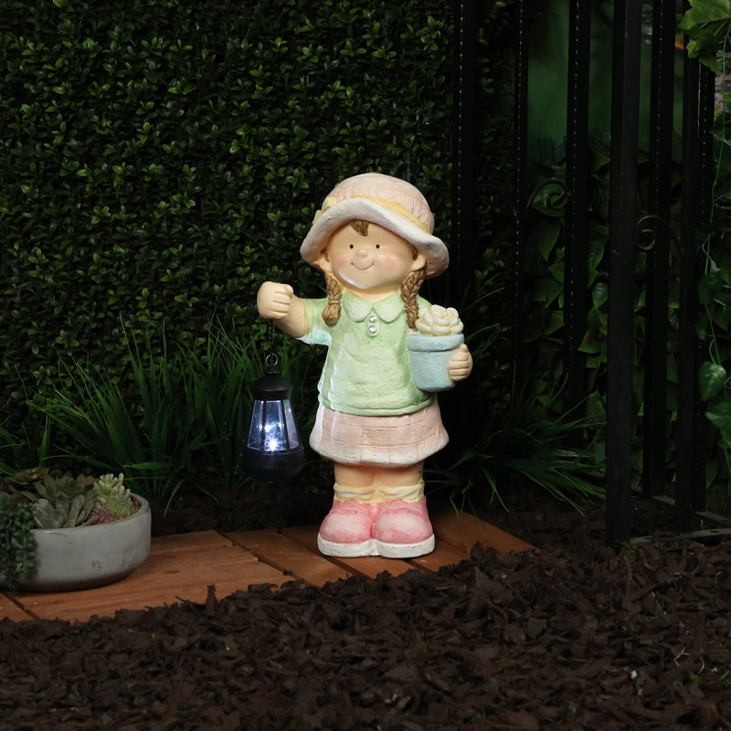 17"H Girl Holding Lantern Solar Statue with LED Lights