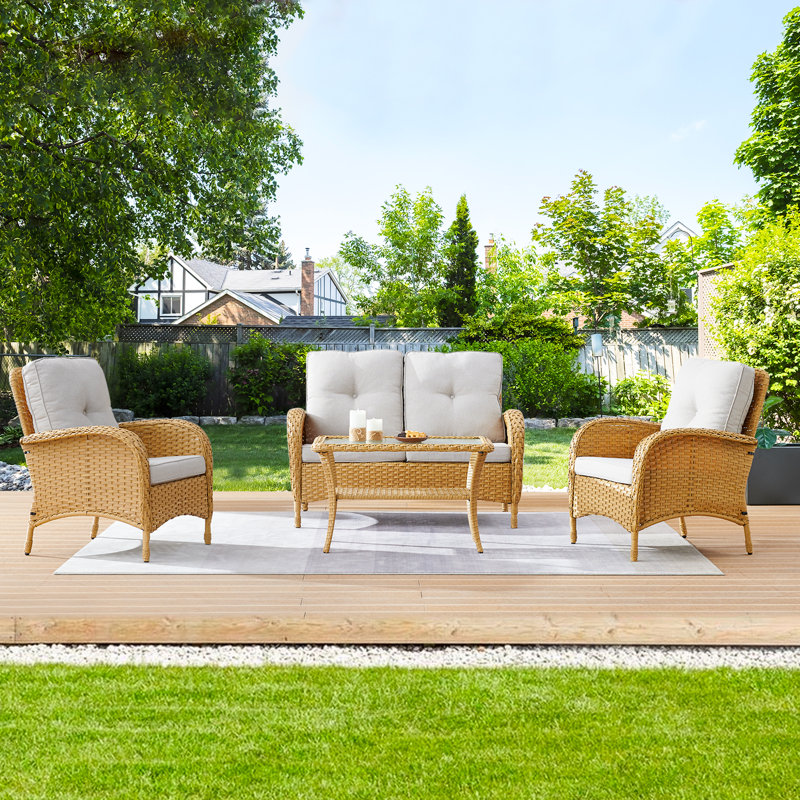 Ensemble de conversation avec canapé et coussins 4 pièces Aluel, Beige, Jaune
