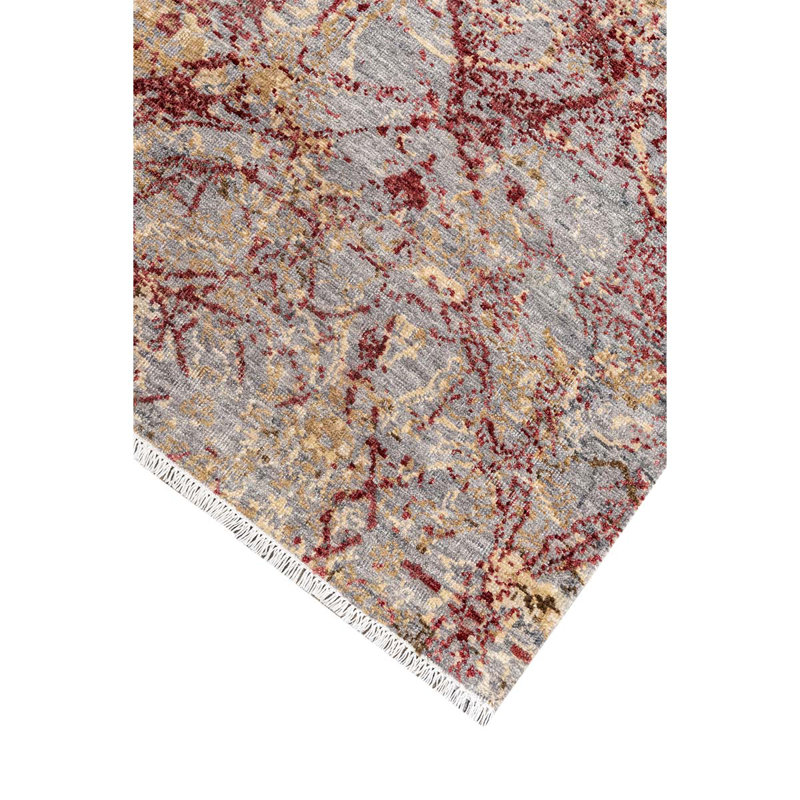 Tapis gris / rouge en laine noué à la main, Rectangle 9 pi x 12 pi