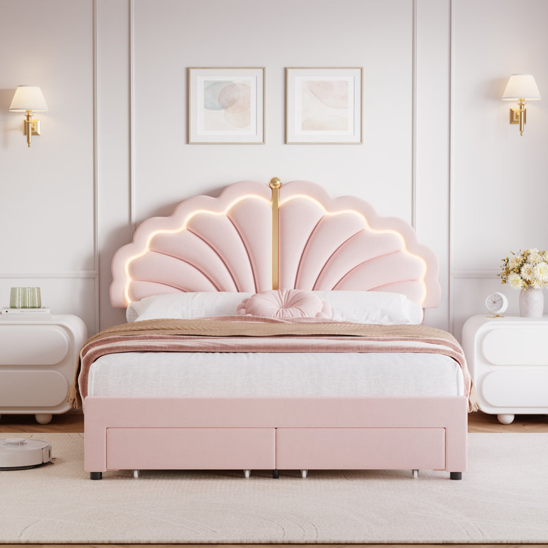 Upholstered Kids LED Bed Frame with Storage Drawers, Princess Platform Bed with Adjustable Headboard, Queen, Pink