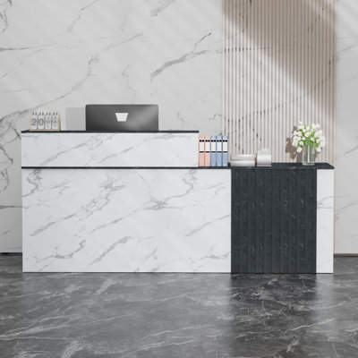 Bureau droit avec grille droite, bureau de réception avec grand espace de rangement, plateau à clavier coulissant, trou de gestion des câbles et panneau de renforcement trapézoïdal pour le bureau, le salon, la vente au détail et l'hôtel