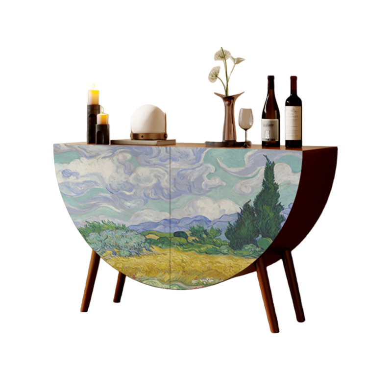 Painted Half-Moon Entryway and Sideboard Cabinet, Walnut/Multicolor