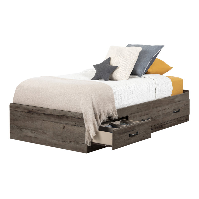Jasi Wood Standard Bed with 3 Storage Drawers, Fall Oak, Twin