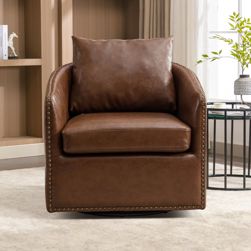 27.8'' Wide Luxe Soft Swivel Arm Barrel Chair with Nailhead Trim and Removable Cushion, Brown Faux Leather