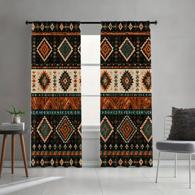 2PCS Bohemian Southwest Tribal Diamond Geometric Light Filtering Rod Pocket Curtains, Ethnic Retro Art Print Window Drapes, Easy Hang Rod Pocket Design, All Year Round Decor for Living Room, Bedroom, Dorm, Unique Western Window Treatments