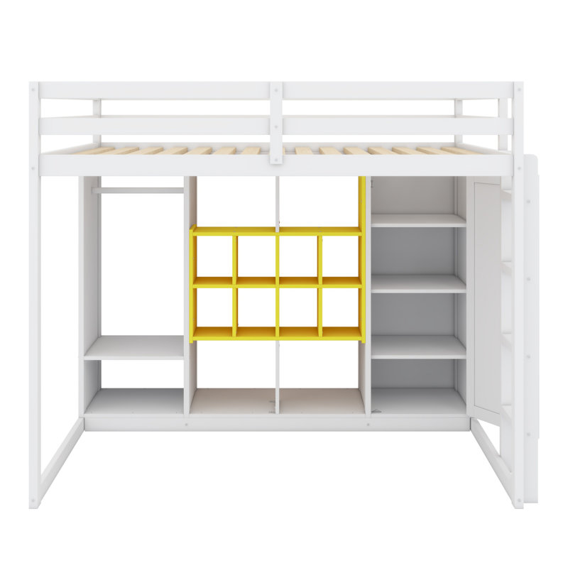 Lit mezzanine en bois avec garde-robe, tablettes et armoire, Lit simple, Blanc / jaune
