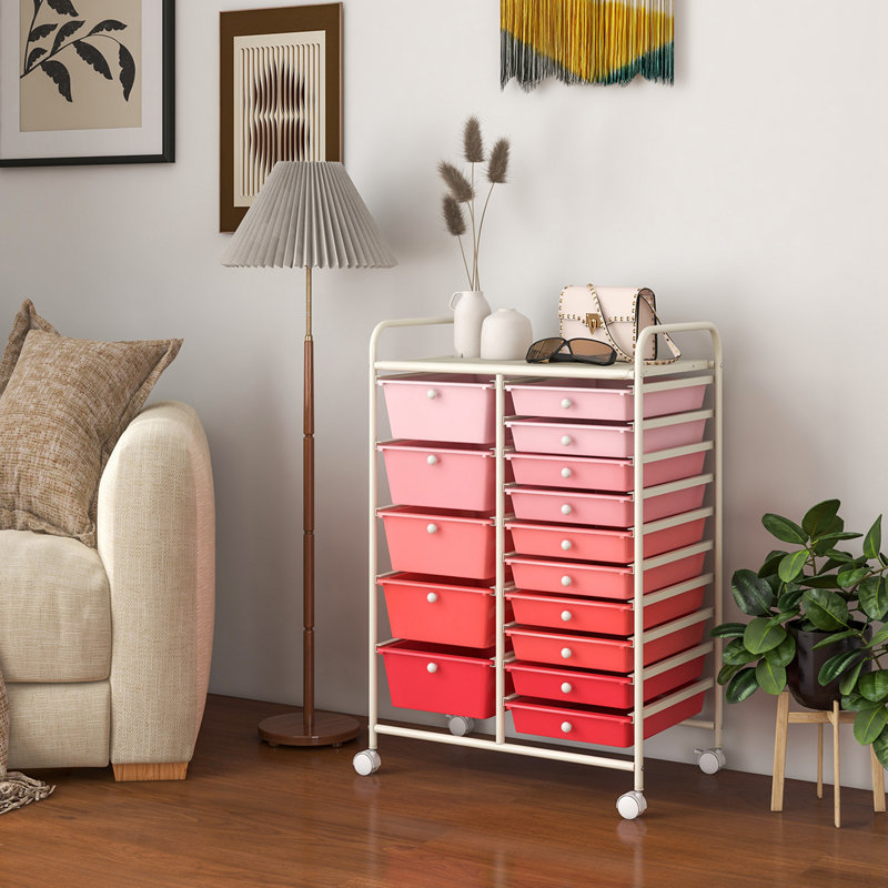 Commode de rangement roulante 15 tiroirs Hoffman, Rose