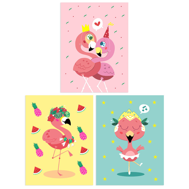 Kids Bedroom Nursery Cute Flamingo Bird Party Ballerina - 3 Piece No Frame Print Set, 40.5cm H x 30.5cm W x 0.3cm D