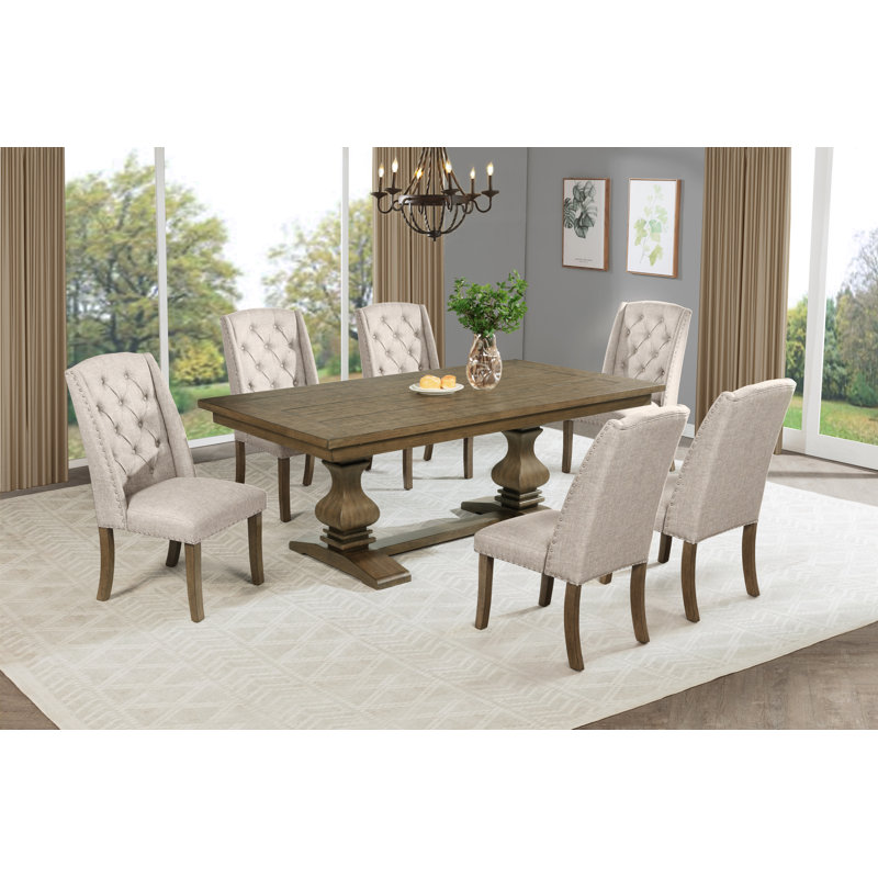 Ensemble de salle à manger en chêne brun avec chaises d'appoint capitonnées, Beige, 7