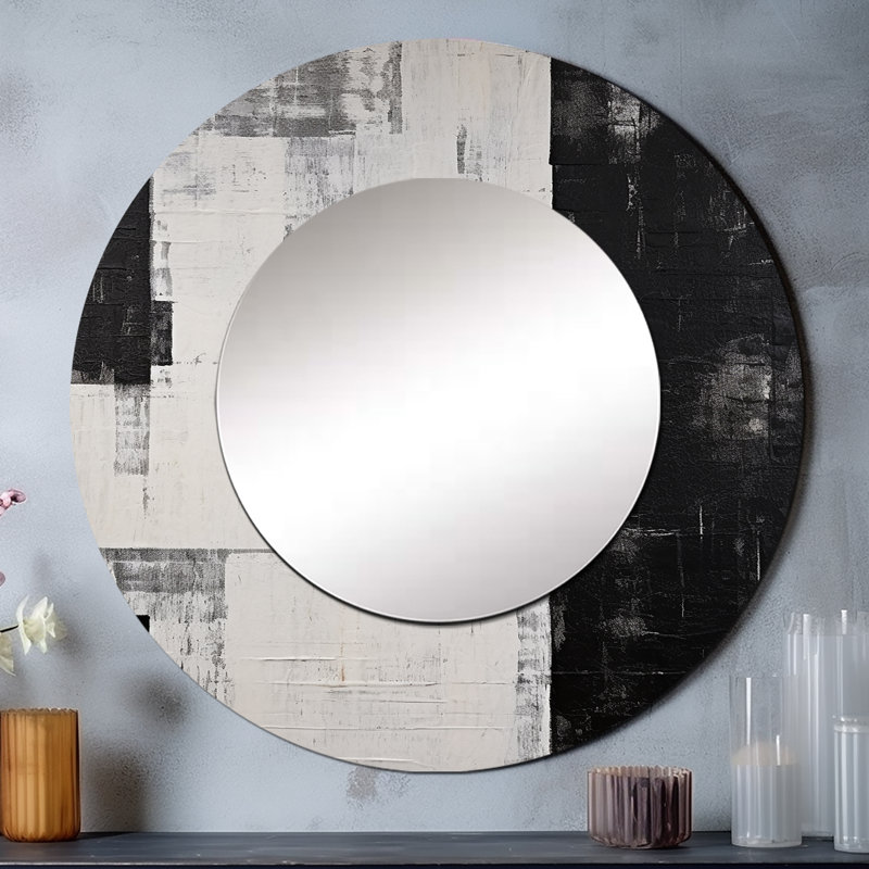 Abstrait abstrait ébène I - miroir de formes abstraites, miroir mural décoratif rond moderne, impression d'art en métal
