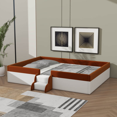 Daybed Frame In Full Size, Upholstered Style, Complete With Fence & Stairs