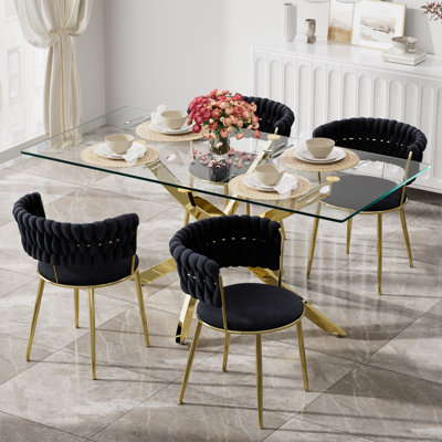 Clear Rectangle Pedestal Dining Set with Weaven Velvet Dininig Chair