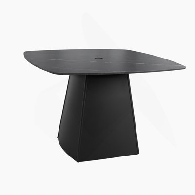 Modern 44" Rounded Square Outdoor Pedestal Dining Table, Black Sintered Stone Top, Flared Pyramid Aluminum Pedestal Base, Weather-Resistant, Rust-Free