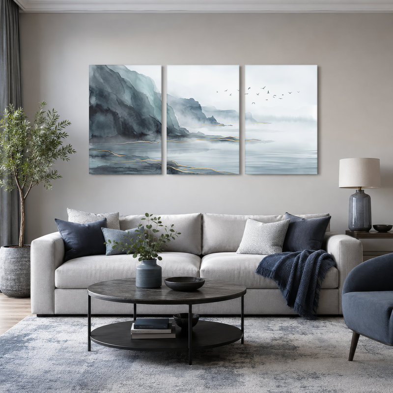 «Blue Grey Misty Mountains and Flying Birds Gold Lines», ensemble de 3 toiles murales, H 30 po x l 20 po x 3 pièces
