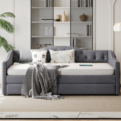 Twin Size, Gray Daybed, Trundle, Charging, Wood Frame, Velvet Fabric, Mid - Century, Back, Waved Arms Twin, Upholstered Velvet, Charging Design, Slats Support, Century