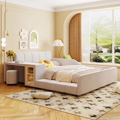 Upholstered Grounded Bed, Mother & Child Bed with Bedside Desk and Little Round Stool, Velvet