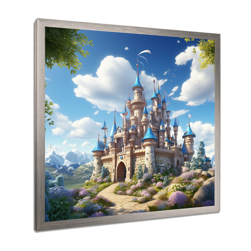 Princesse, château magique, rêves III, art mural, H 30 po x l 30 po x P 1,5 po, Cadre simple argenté