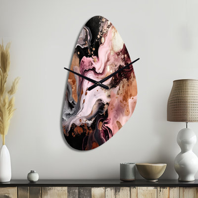 Pink Black Chromatic Agate I - Abstract Irregular Shape Metal Wall Clock, Modern Asymmetrical Wall Clock Print