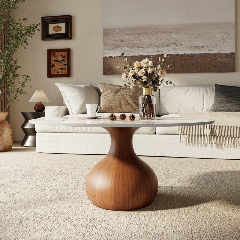 Mid-Century Modern Round Coffee Table Stone Marble Effect With Solid Wood Base For Living Room & Home Decor