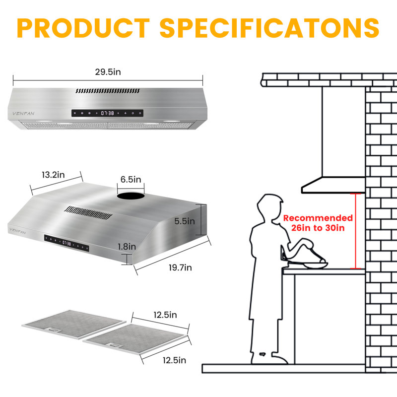30'' Stainless Steel Convertible Under Cabinet Range Hood with Charcoal Filter
