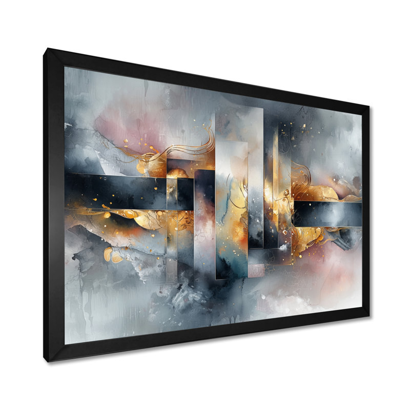 «Geometric Ink Pulse III - Constructivism», art mural, H 30 po x l 40 po, Cadre simple, Noir