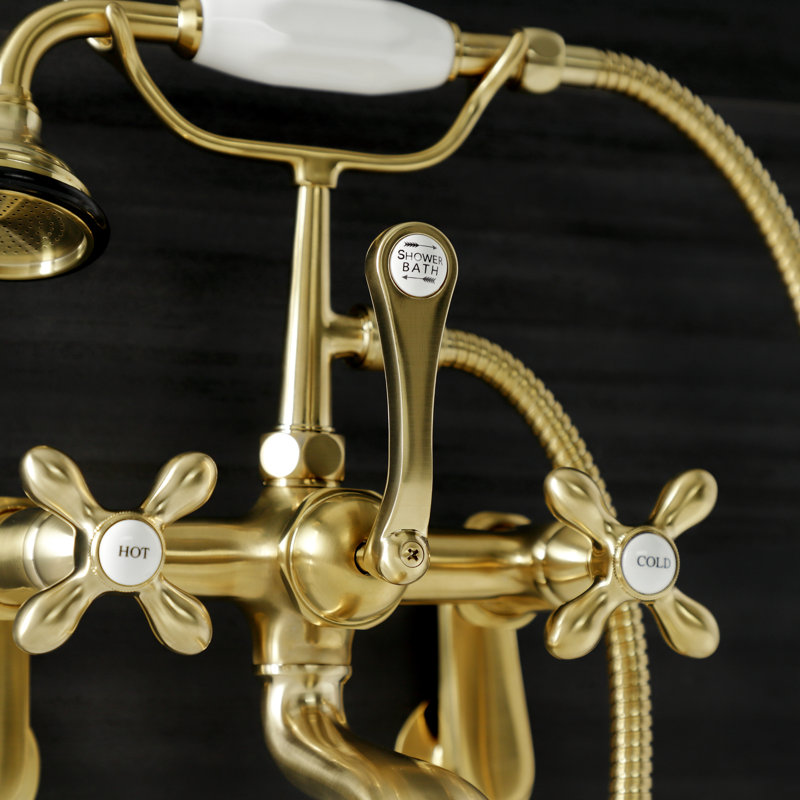 Kingston Brass Aqua Vintage Three-Handle 2-Hole Tub Wall Mount Clawfoot Tub Faucet with Hand Shower, Brushed Brass